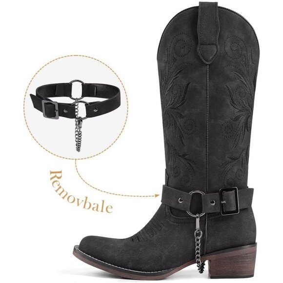 Women's Embroidered Black Removable Belt Low Block Heel Round Western Boots - Picture 2 of 6